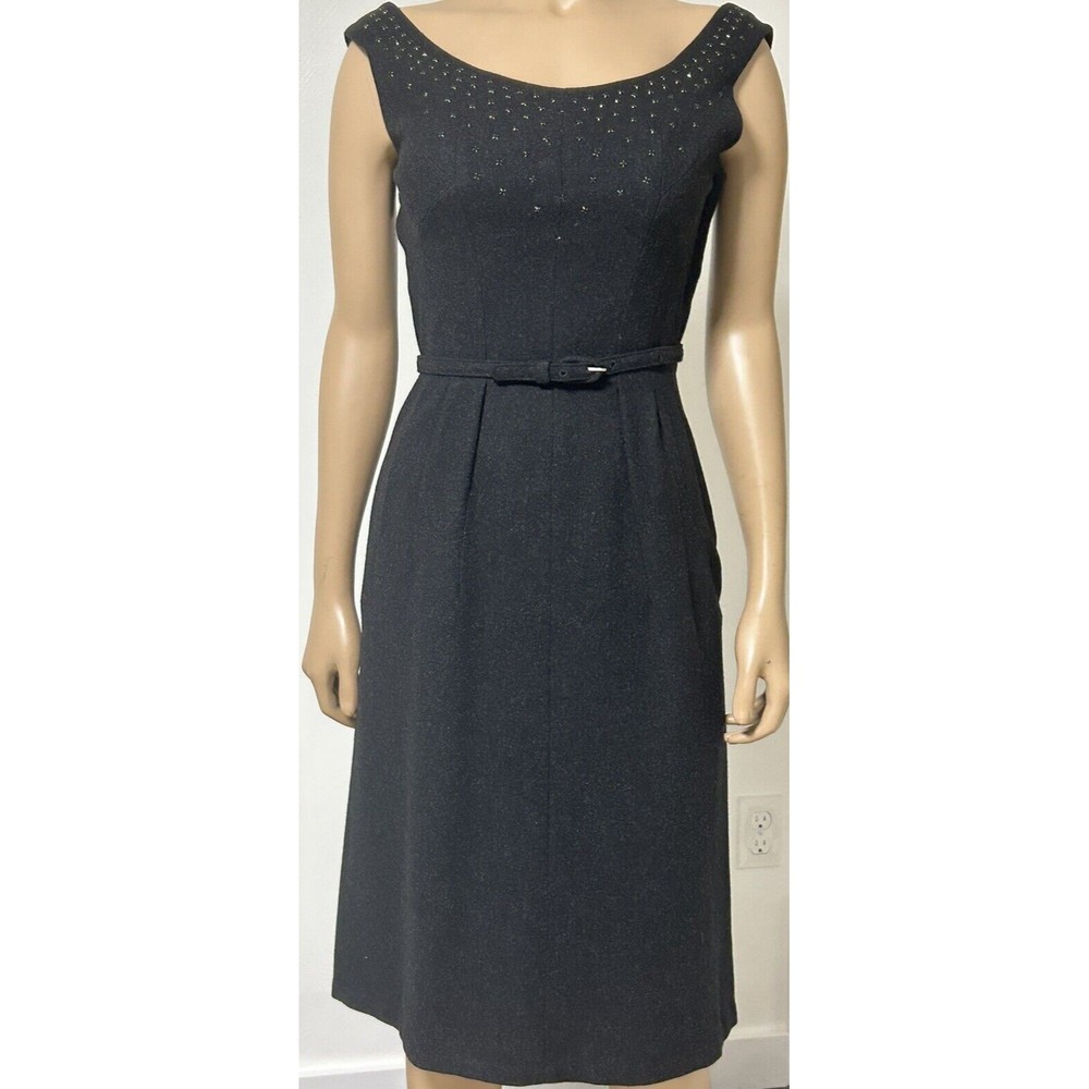 Vintage 1960s Dress Tabak Of California 100% Wool Gray Black Belted Pleated EUC